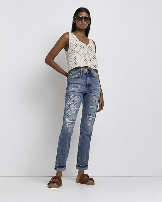 River Island Denim Blue Ripped High Waisted Mom Jeans Lyst Canada