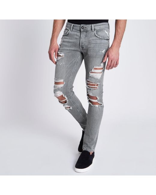 River Island Gray Sid Ripped Skinny Jeans for men