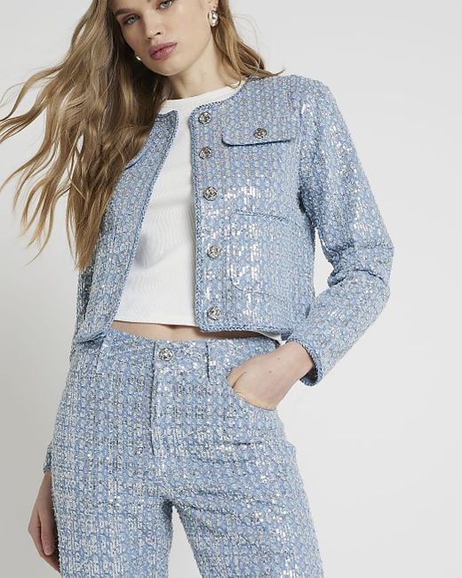 River Island Blue Sequin Detail Crop Stove Straight Jeans