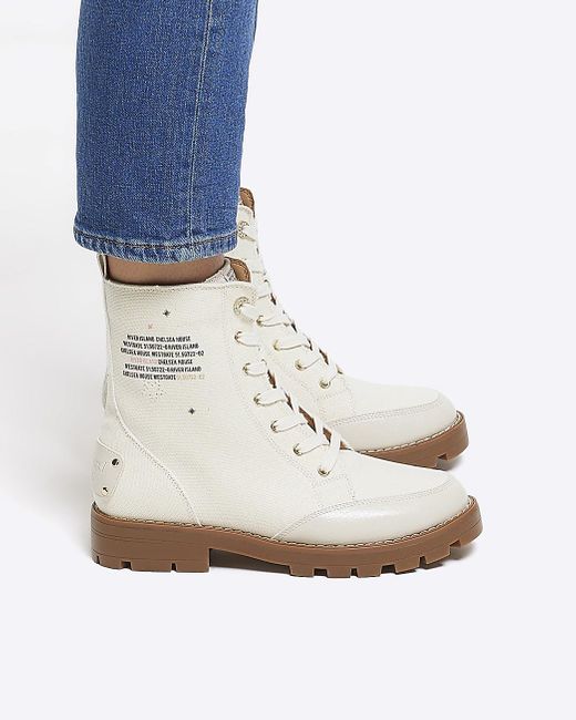 River Island White Lace Up Canvas Boots