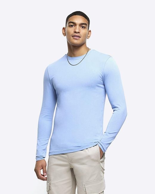River Island Blue Muscle Fit Long Sleeve T-shirt for men