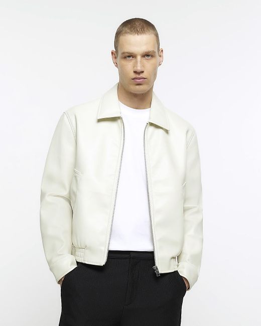 River Island White Ecru Regular Fit Faux Leather Jacket for men