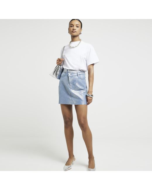 River Island Blue Metallic Asymmetric Waist Mini Skirt