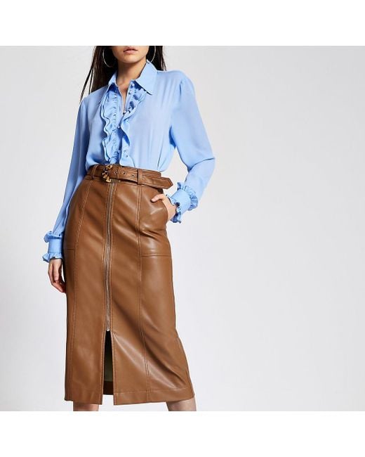 River Island Brown Faux Leather Zip Front Midi Skirt