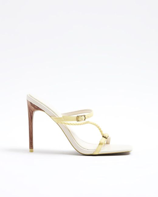 River Island White Yellow Strappy Heeled Mule Sandals