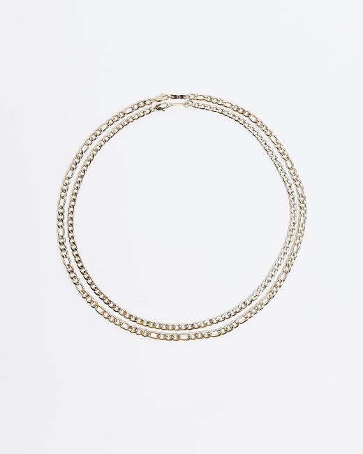 River Island White Gold Colour Chain Link Multirow Necklace for men
