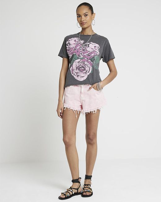 River Island Gray Floral Graphic T-shirt