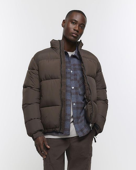 River Island Brown Regular Fit Puffer Jacket in Gray for Men | Lyst