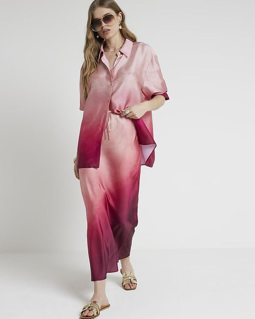 River Island Pink Satin Ombre Maxi Skirt
