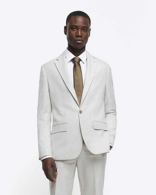 River Island White Ecru Slim Fit Textured Suit Jacket for men