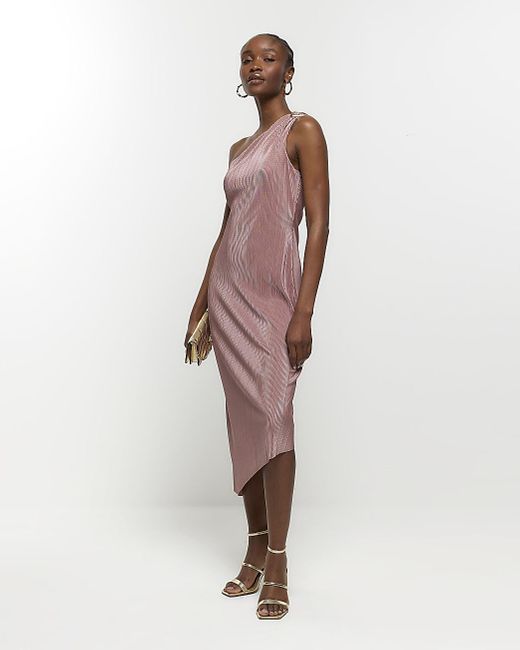 River Island Pink Plisse Asymmetric Bodycon Midi Dress