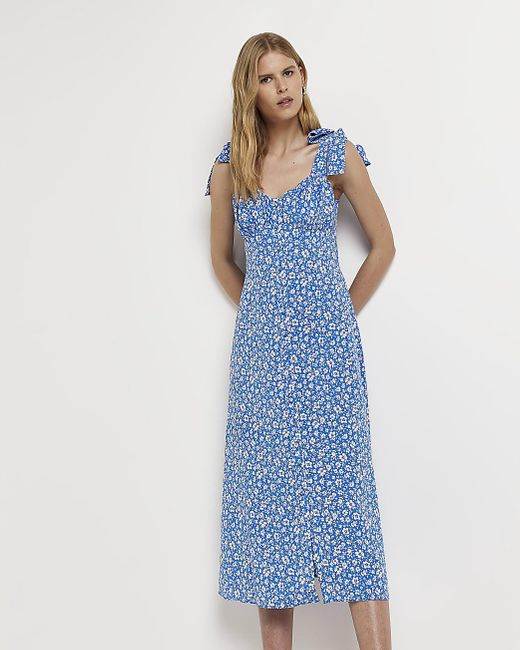 River Island Blue Floral Slip Midi Dress | Lyst UK