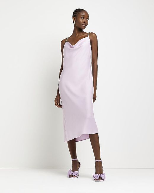 River Island Satin Chain Strap Slip Midi Dress in Purple (Pink) Lyst