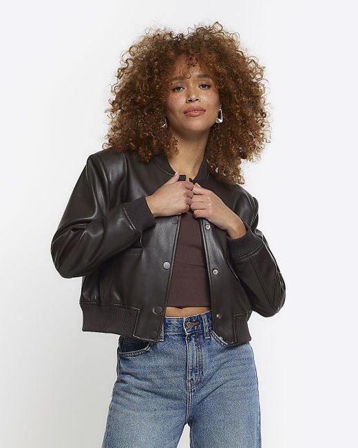 River Island Multicolor Brown Faux Leather Crop Bomber Jacket