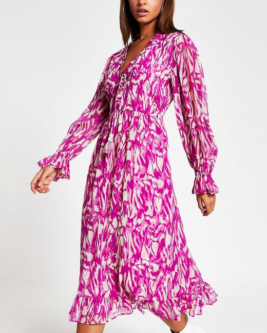 Long Sleeve Smock Midi Dress in Pink 