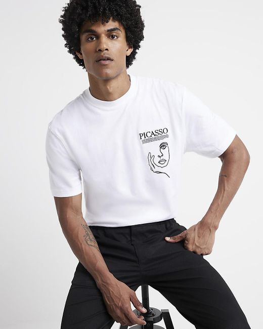 River Island White Ecru Picasso Graphic T-shirt for men