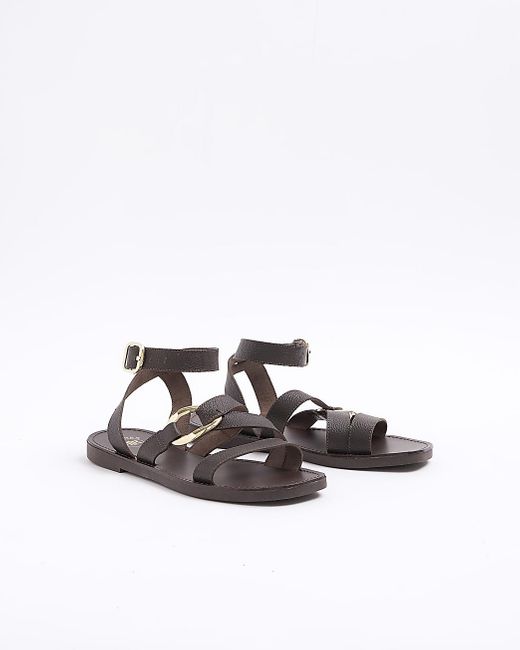 River Island White Brown Leather Hardware Gladiator Sandals