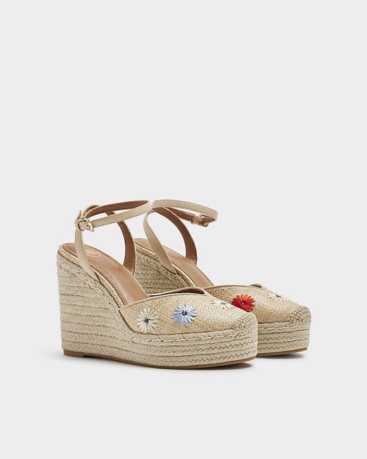 River Island White Beige Embroidered Espadrille Wedge Sandals