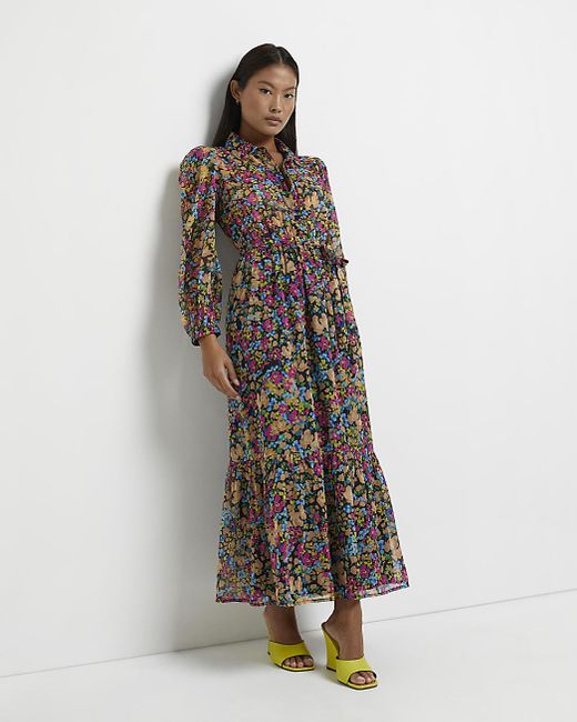 Petite Black Floral Maxi Shirt Dress | Lyst