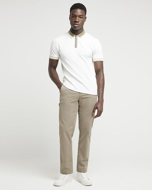 River Island White Textured Taped Polo for men