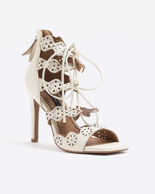 River Island White Cream Cut Out Tie Up Heeled Sandals