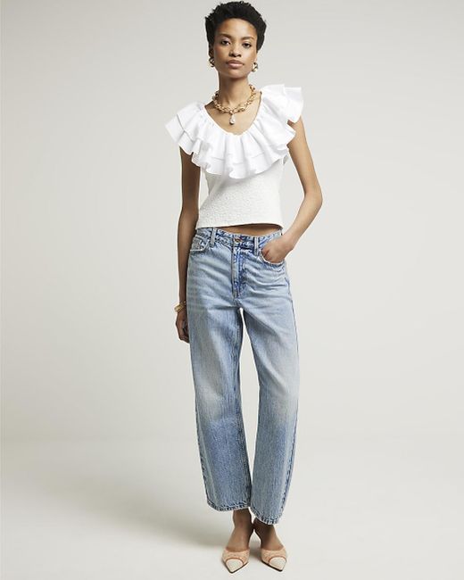 River Island White Textured Frill Top