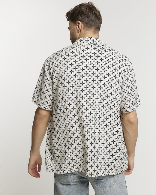 River Island White Beige Regular Fit Geometric Revere Shirt for men
