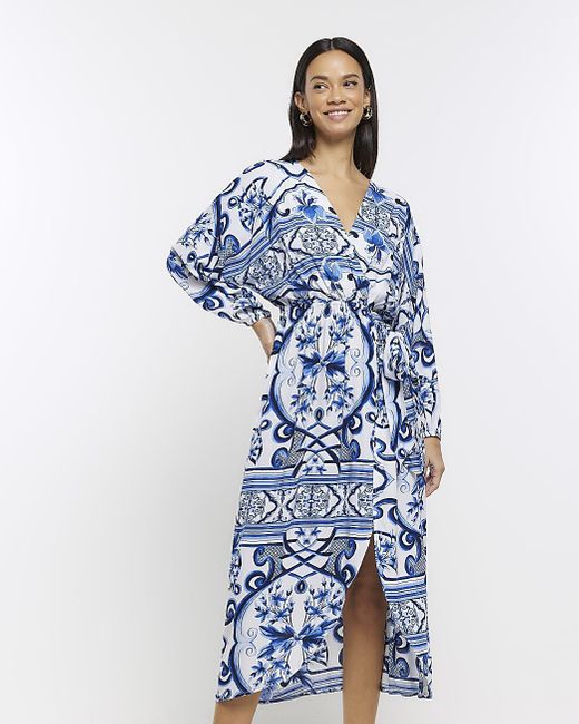 River Island Patterned Kimono Wrap Midi Dress in Blue | Lyst