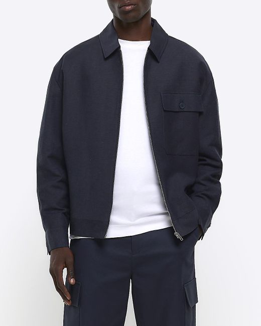 River Island Linen Blend Harrington Jacket in Blue for Men | Lyst