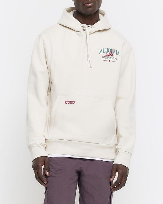River Island Gray Beige Regular Fit Japanese Graphic Hoodie for men