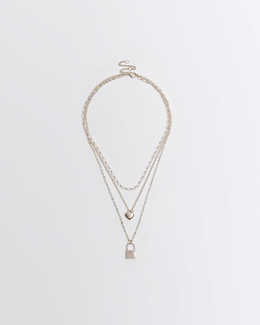 River Island White Rose Gold Heart And Lock Multirow Necklace