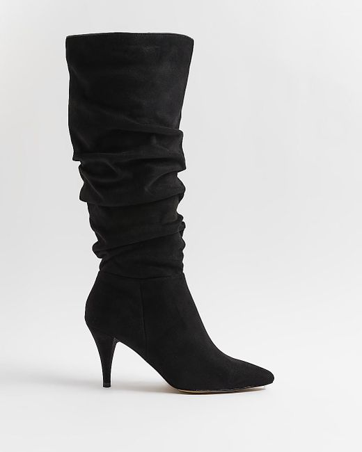 River Island Black Faux Suede Knee High Heeled Boots Lyst