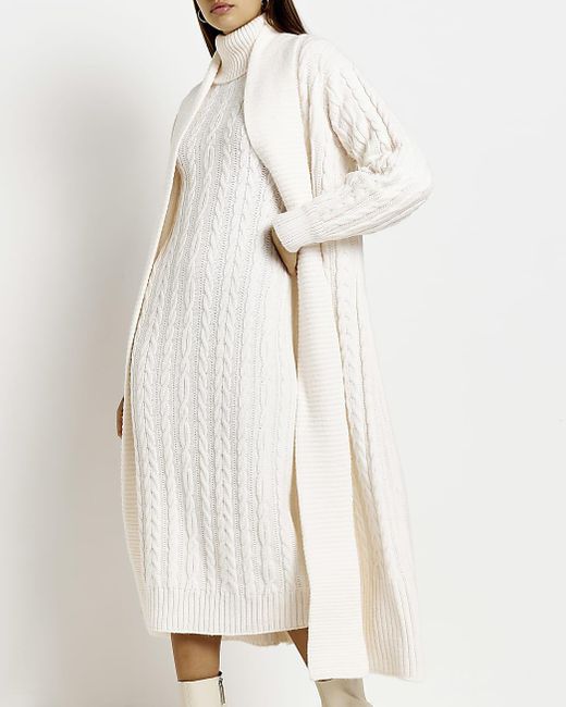 River Island Cream Cable Knit Longline Cardigan in White Lyst