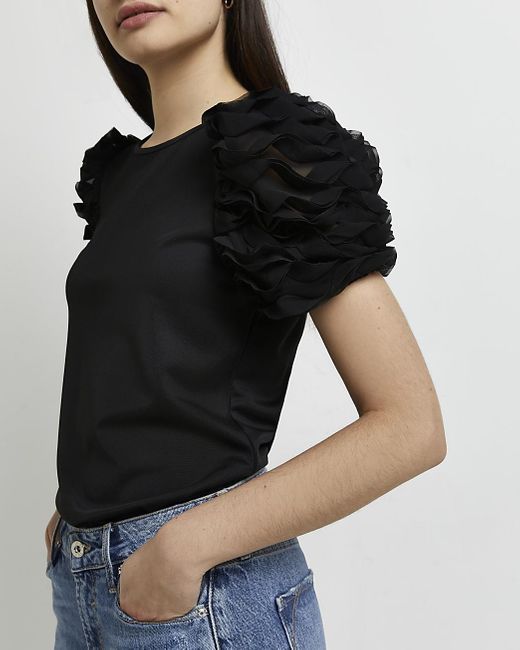 River Island Black Frill Sleeve T-shirt 