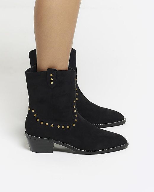 River Island Black Brown Studded Western Ankle Boots
