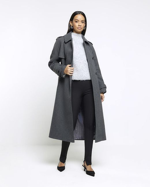 River Island Gray Grey Belted Longline Trench Coat