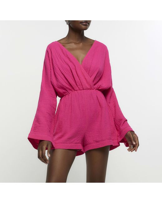 River Island Pink Textured Wrap Playsuit