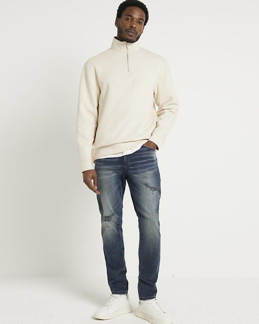 River Island Blue Faded Skinny Fit Ripped Jeans for men