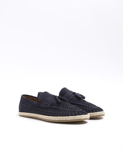 River Island Blue Navy Suede Woven Loafers for men