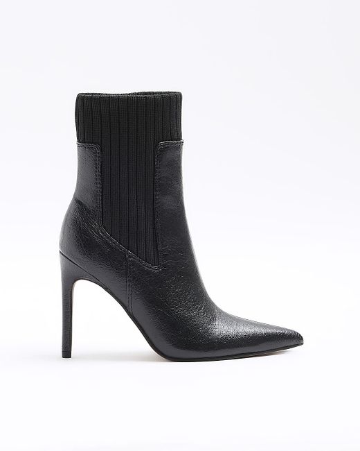 River Island Black Knit Detail Heeled Ankle Boots