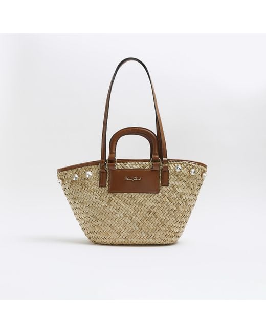 River Island White Raffia Embellished Basket Bag