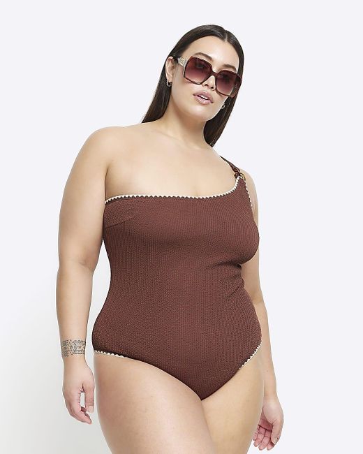 River Island Brown Stitched One Shoulder Swimsuit