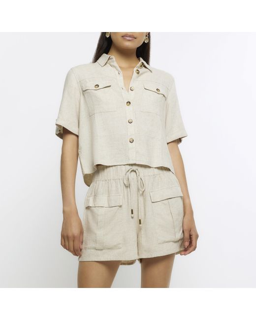 River Island White Beige Utility Cropped Shirt With Linen