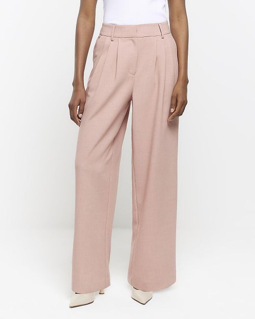 River Island Natural Pleated Wide Leg Trousers