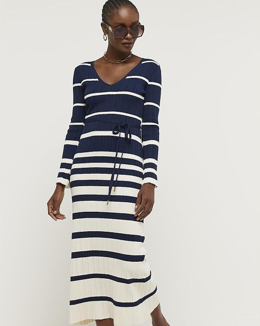River Island Blue Ribbed Stripe Belted Bodycon Midi Dress