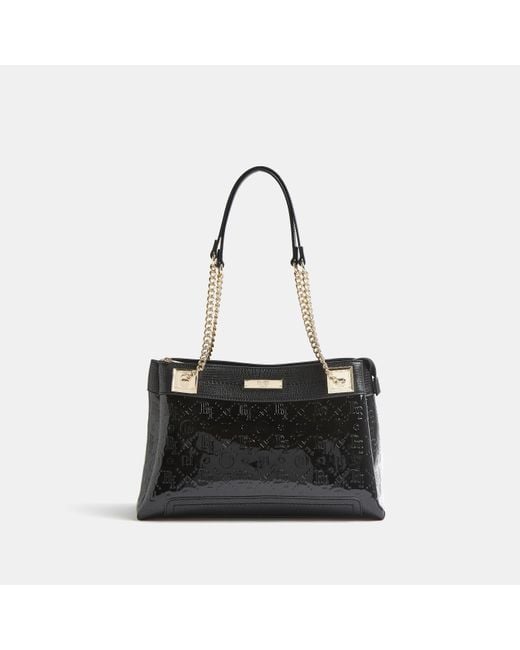 River Island Black Patent Ri Monogram Embossed Tote Bag