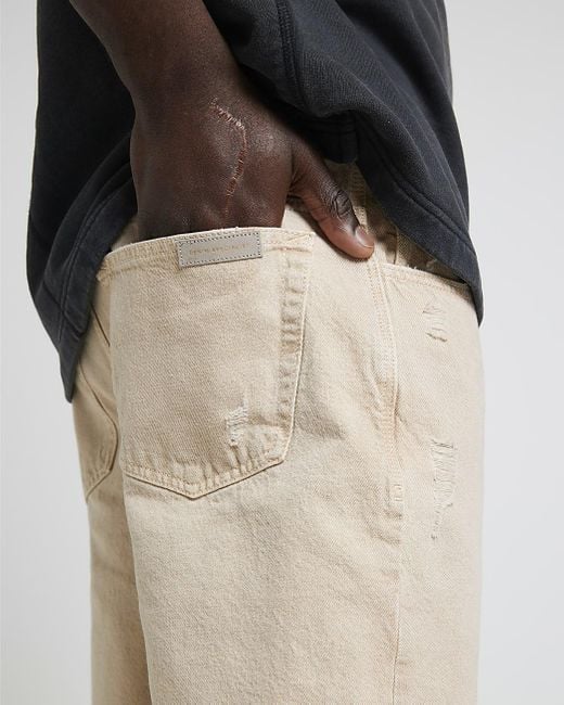 River Island Black Stone Ripped Denim Shorts for men