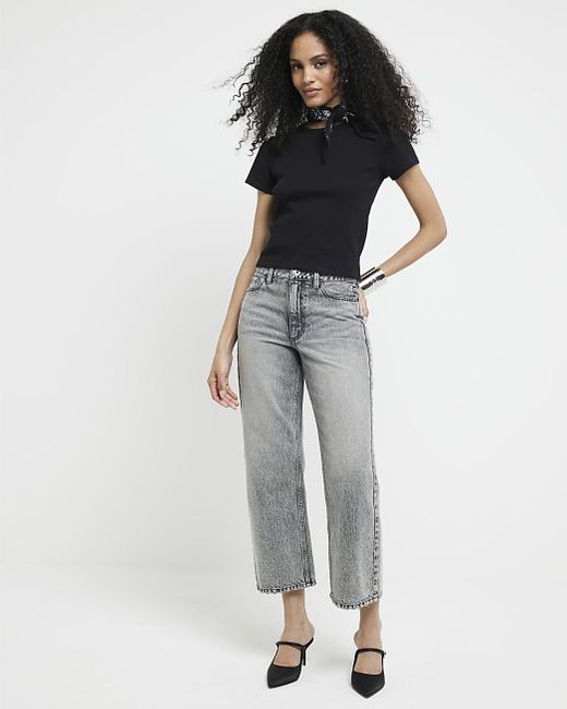 River Island Gray Grey Relaxed Straight Fit Cropped Jeans