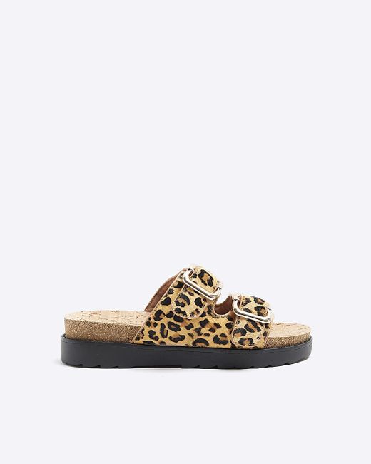 River Island White Brown Leather Leopard Print Buckle Sandals