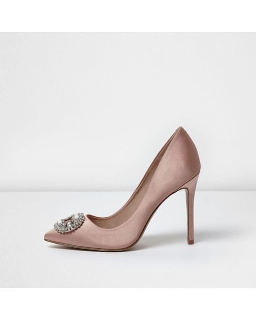 River Island Light Pink Satin Embellished Court Shoes | Lyst Canada